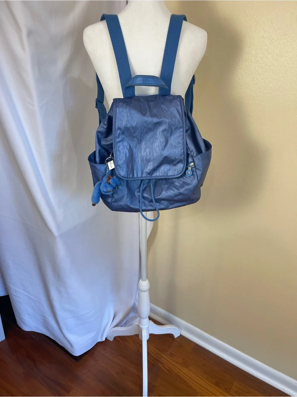 Kipling City Pack Metallic Blue Backpack Small Slouchy Y2K Monkey Charm Nylon